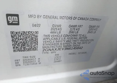 2022 Chevrolet Equinox Fwd 2Fl z USA, uszkodzony, nr VIN 2GNAXJEV3N6145842